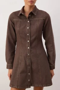 TRENDYOLMİLLA Brown Plain Short / Mini denim Dress - Image 4