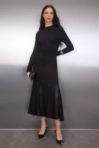 TRENDYOLMİLLA Black Plain Accessory Detailed with flywheel/Frilly Long Sleeve Maxi Esenk Knitting Dress