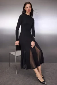 TRENDYOLMİLLA Black Plain Accessory Detailed with flywheel/Frilly Long Sleeve Maxi Esenk Knitting Dress - Image 2