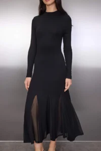 TRENDYOLMİLLA Black Plain Accessory Detailed with flywheel/Frilly Long Sleeve Maxi Esenk Knitting Dress - Image 3