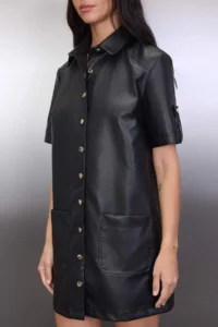 TRENDYOLMİLLA Black Plain buttoned Short / Mini  Weaving Dress - Image 3