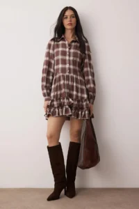 TRENDYOLMİLLA Brown Plaid / Checkered Frilly Short / Mini  Weaving Dress