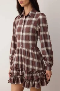 TRENDYOLMİLLA Brown Plaid / Checkered Frilly Short / Mini  Weaving Dress - Image 3