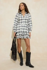 TRENDYOLMİLLA Ecru Plaid / Checkered Frilly Short / Mini  Weaving Dress - Image 2