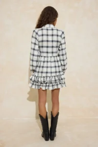 TRENDYOLMİLLA Ecru Plaid / Checkered Frilly Short / Mini  Weaving Dress - Image 4