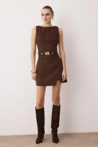 TRENDYOLMİLLA Brown Plain Accessory Detailed Short / Mini  Weaving Dress