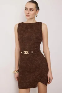 TRENDYOLMİLLA Brown Plain Accessory Detailed Short / Mini  Weaving Dress - Image 2