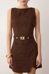 TRENDYOLMİLLA Brown Plain Accessory Detailed Short / Mini  Weaving Dress - Image 3