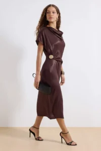 TRENDYOLMİLLA Brown Accessory Detailed Midi  Weaving Dress