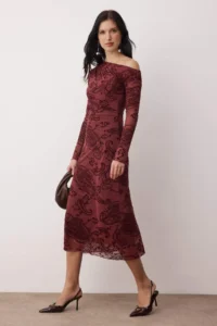 TRENDYOLMİLLA Burgundy Flock Printed Drop Sleeve bodycon/Fitting Flock Tulle Midi Knitting Dress