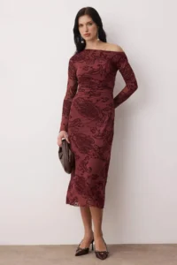 TRENDYOLMİLLA Burgundy Flock Printed Drop Sleeve bodycon/Fitting Flock Tulle Midi Knitting Dress - Image 2