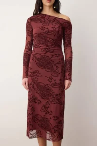 TRENDYOLMİLLA Burgundy Flock Printed Drop Sleeve bodycon/Fitting Flock Tulle Midi Knitting Dress - Image 3