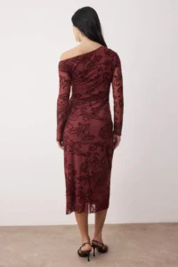 TRENDYOLMİLLA Burgundy Flock Printed Drop Sleeve bodycon/Fitting Flock Tulle Midi Knitting Dress - Image 4