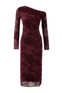 TRENDYOLMİLLA Burgundy Flock Printed Drop Sleeve bodycon/Fitting Flock Tulle Midi Knitting Dress - Image 5