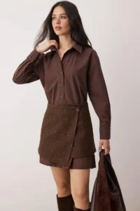 TRENDYOLMİLLA Brown Plain Short / Mini  Weaving Dress - Image 2