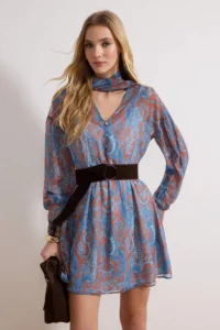 TRENDYOLMİLLA Multicolored Scarf Detailed Suede Arched Mini Weaving Dress - Image 2