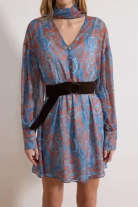 TRENDYOLMİLLA Multicolored Scarf Detailed Suede Arched Mini Weaving Dress - Image 3