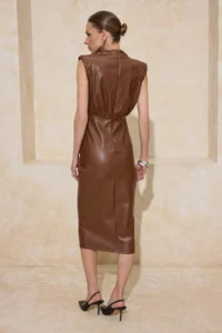 TRENDYOLMİLLA Brown Faux Leather Midi Dress - Image 4