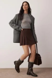 TRENDYOLMiLLA Dark Brown Pleated Detailed Mini slit Mini Size Weaving Skirt