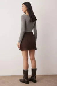 TRENDYOLMiLLA Dark Brown Pleated Detailed Mini slit Mini Size Weaving Skirt - Image 4