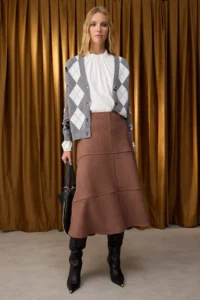TRENDYOLMİLLA Special Collection Brown A Line/flared Midi Suede Knitting Skirt - Image 2