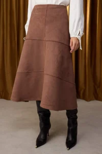 TRENDYOLMİLLA Special Collection Brown A Line/flared Midi Suede Knitting Skirt - Image 3