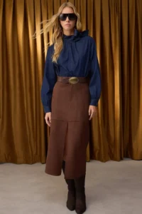 TRENDYOLMİLLA Special Collection Brown Suede buttoned Zippered A-line/Life Opening Maxi Knitting Skirt