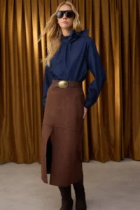 TRENDYOLMİLLA Special Collection Brown Suede buttoned Zippered A-line/Life Opening Maxi Knitting Skirt - Image 2