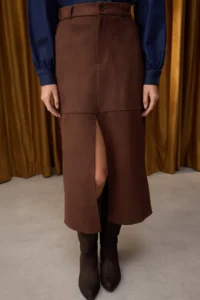 TRENDYOLMİLLA Special Collection Brown Suede buttoned Zippered A-line/Life Opening Maxi Knitting Skirt - Image 3