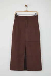 TRENDYOLMİLLA Special Collection Brown Suede buttoned Zippered A-line/Life Opening Maxi Knitting Skirt - Image 5