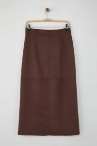 TRENDYOLMİLLA Special Collection Brown Suede buttoned Zippered A-line/Life Opening Maxi Knitting Skirt - Image 6