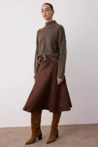 TRENDYOLMiLLA Brown A-Kesim/Life Weaving Suede Midi Skirt - Image 2