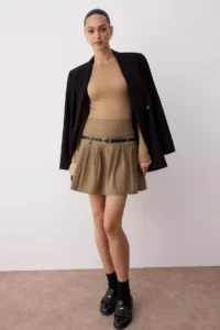 TRENDYOLMiLLA Beige Striped High Waisted Arched pleated Mini Skirt - Image 4