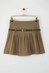 TRENDYOLMiLLA Beige Striped High Waisted Arched pleated Mini Skirt - Image 7