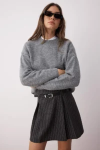TRENDYOLMiLLA Anthracite Arched Striped A-line/Life Weaving Mini Skirt - Image 2