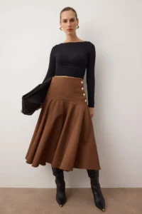 TRENDYOLMiLLA Dark Brown Button Detailed Midi Size Gabardine Cotton flared Skirt - Image 2