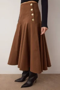 TRENDYOLMiLLA Dark Brown Button Detailed Midi Size Gabardine Cotton flared Skirt - Image 3