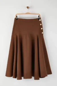 TRENDYOLMiLLA Dark Brown Button Detailed Midi Size Gabardine Cotton flared Skirt - Image 5