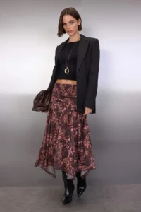TRENDYOLMİLLA Burgundy Boho Printed skater Asymmetric Skirt Detailed Flexible Knitting Skirt - Image 2