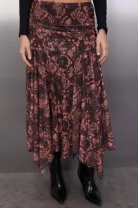TRENDYOLMİLLA Burgundy Boho Printed skater Asymmetric Skirt Detailed Flexible Knitting Skirt - Image 3