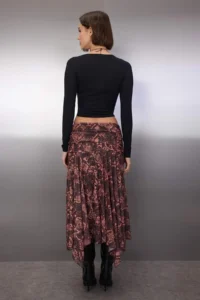 TRENDYOLMİLLA Burgundy Boho Printed skater Asymmetric Skirt Detailed Flexible Knitting Skirt - Image 4