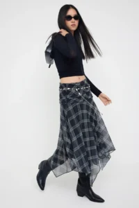 TRENDYOLMİLLA Multicolored Plaid Printed skater Asymmetric Skirt Flexible Knitting Skirt with Tip Detail - Image 5