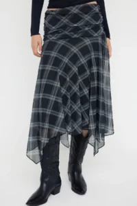 TRENDYOLMİLLA Multicolored Plaid Printed skater Asymmetric Skirt Flexible Knitting Skirt with Tip Detail - Image 7