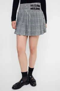 TRENDYOLMiLLA Teen Gray Checkered Leather Belt Detailed Pleated Mini Skirt - Image 2
