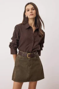 TRENDYOLMiLLA Khaki Mini Basic denim Skirt - Image 2
