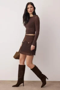 TRENDYOLMiLLA Brown Lined pleated Weaving Mini Siphon Skirt - Image 3
