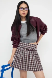 TRENDYOLMiLLA Teen Burgundy Arched Checkered/Checkered Winter Mini Skirt - Image 3