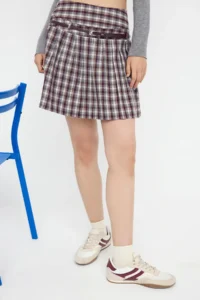 TRENDYOLMiLLA Teen Burgundy Arched Checkered/Checkered Winter Mini Skirt - Image 4