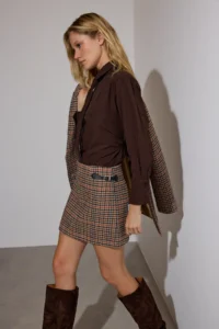 TRENDYOLMiLLA Brown Blue Checkered Bowl Weaving Mini Skirt
