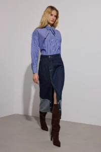TRENDYOLMiLLA Dark Blue Asymmetric Kapama Midi denim Skirt - Image 2